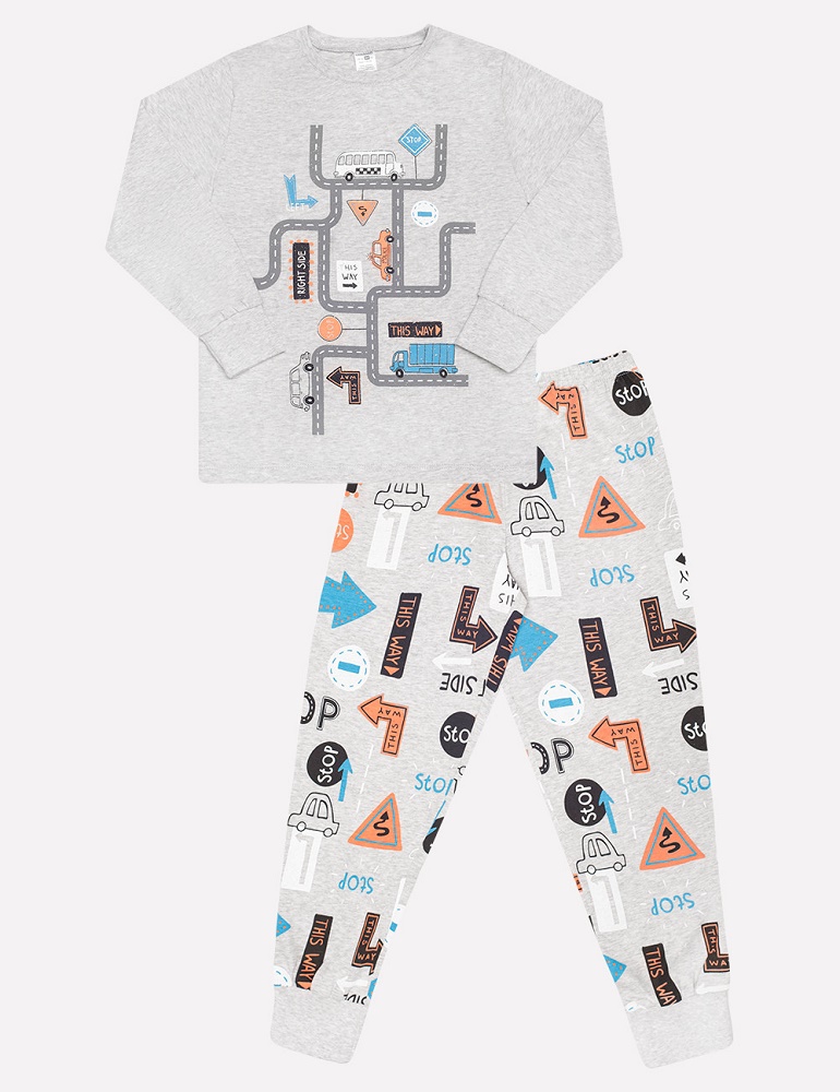 картинка Пижама для мальчика Crockid К 1512 серо-голубой меланж + дорожные знаки от магазина детских товаров ALiSa