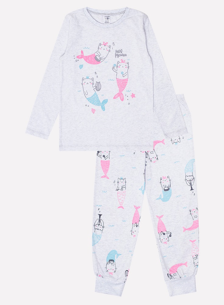 картинка Пижама для девочки Crockid К 1512/1 светло-серый меланж + кошечки-русалки от магазина детских товаров ALiSa