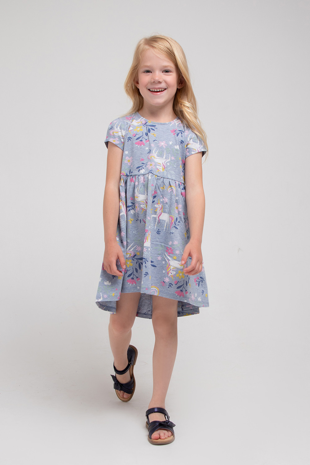 картинка Платье для девочки Crockid КР 5587 серо-голубой меланж, единороги в цветах к321 от магазина детских товаров ALiSa