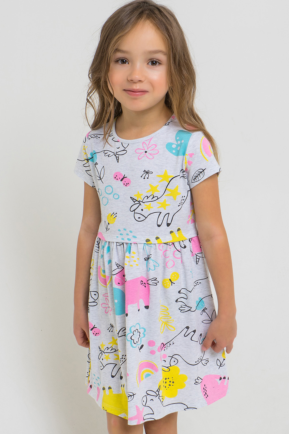 картинка Платье для девочки Crockid К 5693 светло-серый меланж, единороги и цветы к1268 от магазина детских товаров ALiSa