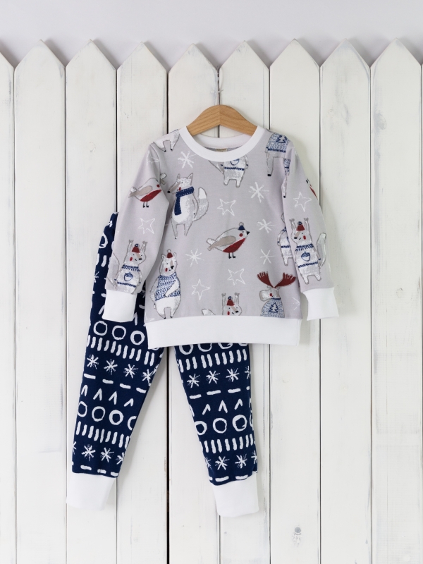 картинка Пижама детская Baby Boom КД394/1-Ф Лоси на сером + узоры на синем от магазина детских товаров ALiSa