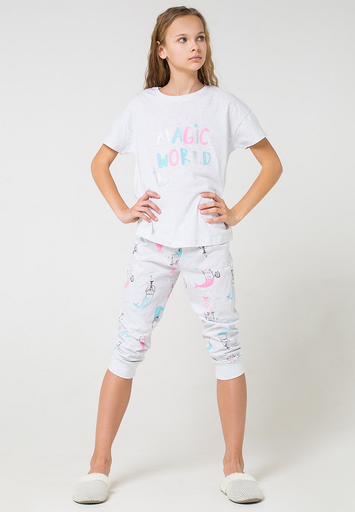 картинка Комплект для девочки Crockid КБ 2604 светло-серый меланж + кошечки-русалки от магазина детских товаров ALiSa