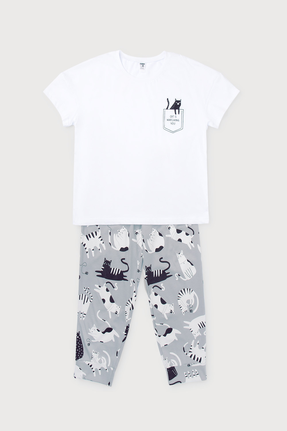 картинка Комплект для девочки КБ 2604 белый + котики на сером от магазина детских товаров ALiSa