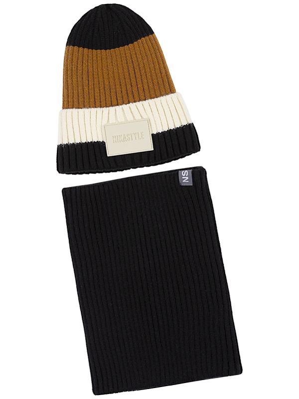 картинка Комплект шапка снуд для мальчика NIKASTYLE 12з16524 Черный горчица от магазина детских товаров ALiSa