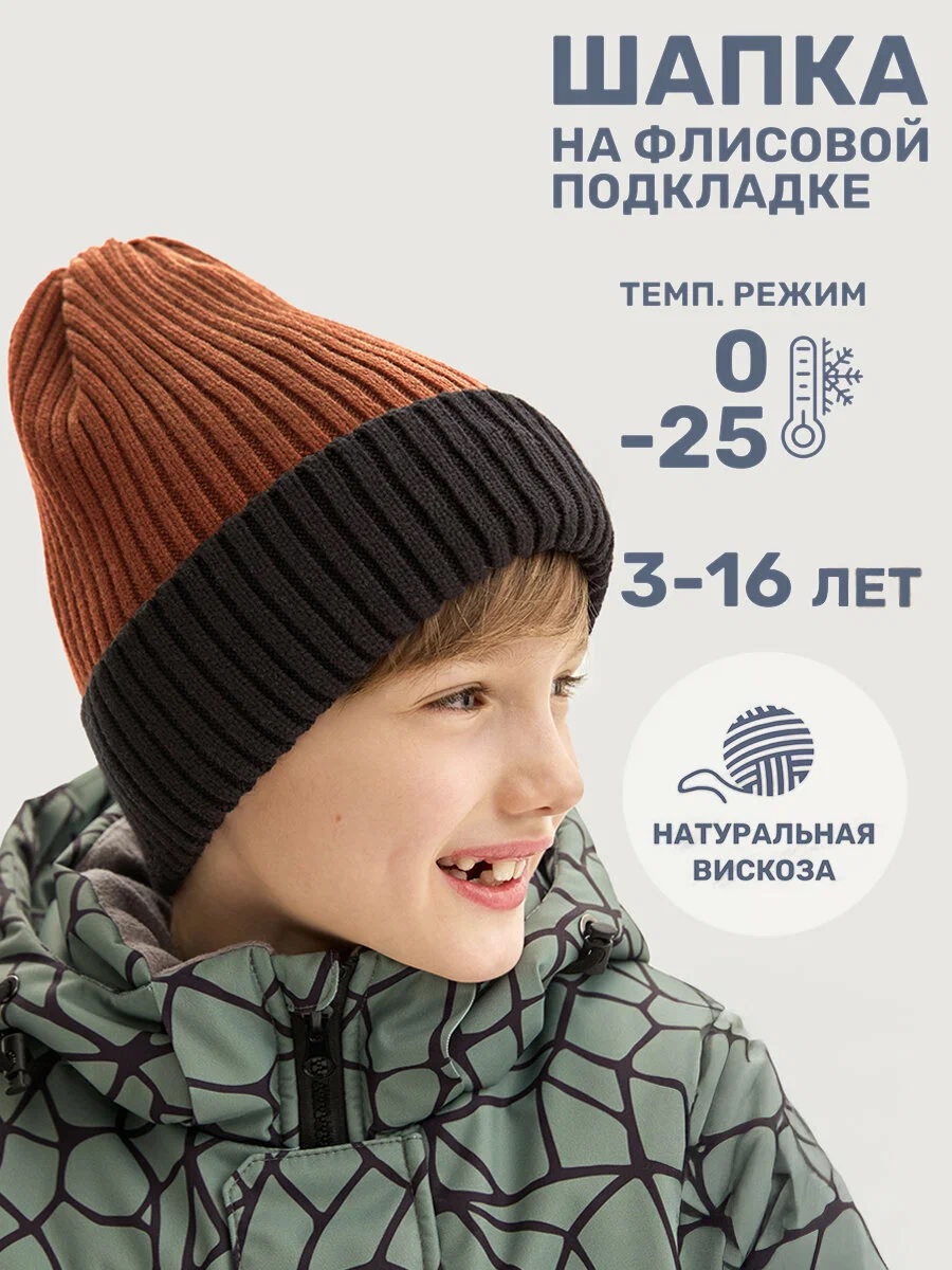 картинка Шапка зимняя для мальчика NIKASTYLE 11з16125 Кэмел Черный от магазина детских товаров ALiSa